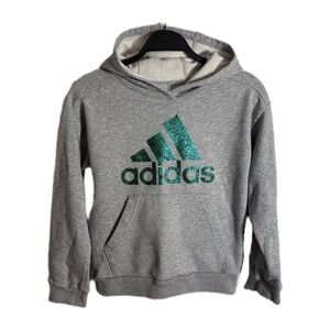 Adidas Youth Boys Hoodie Pullover Sz M 10/12 Grey with Teal Sports Doodle Logo